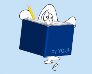 Caricature of a ghost reading a dark blue book with the words “by you” on its cover, all set against a pale blue background with a dark blue border.