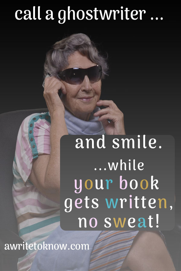 A picture of a happy businesswoman smiling as she talks on the phone to her ghostwriter, with text saying, “Call a ghostwriter, and smile while your book gets written, no sweat.”