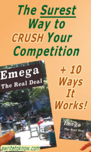 On the left we see a woman’s hand holding a book, and on the right a hand holding a business card. The words say, “The Surese Way to Crush Your Competition, plus 10 Ways It Works!”