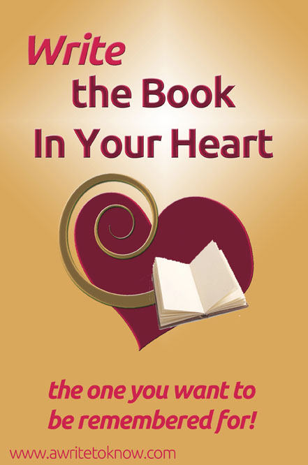 Deep red heart with gold spiral overlay and the words “Write the book in your heart.”