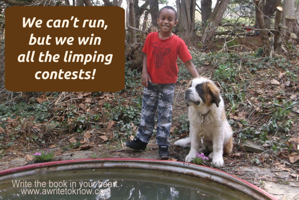 A boy and a dog standing by a pond with words that say “We can't run but we win all limping contests.