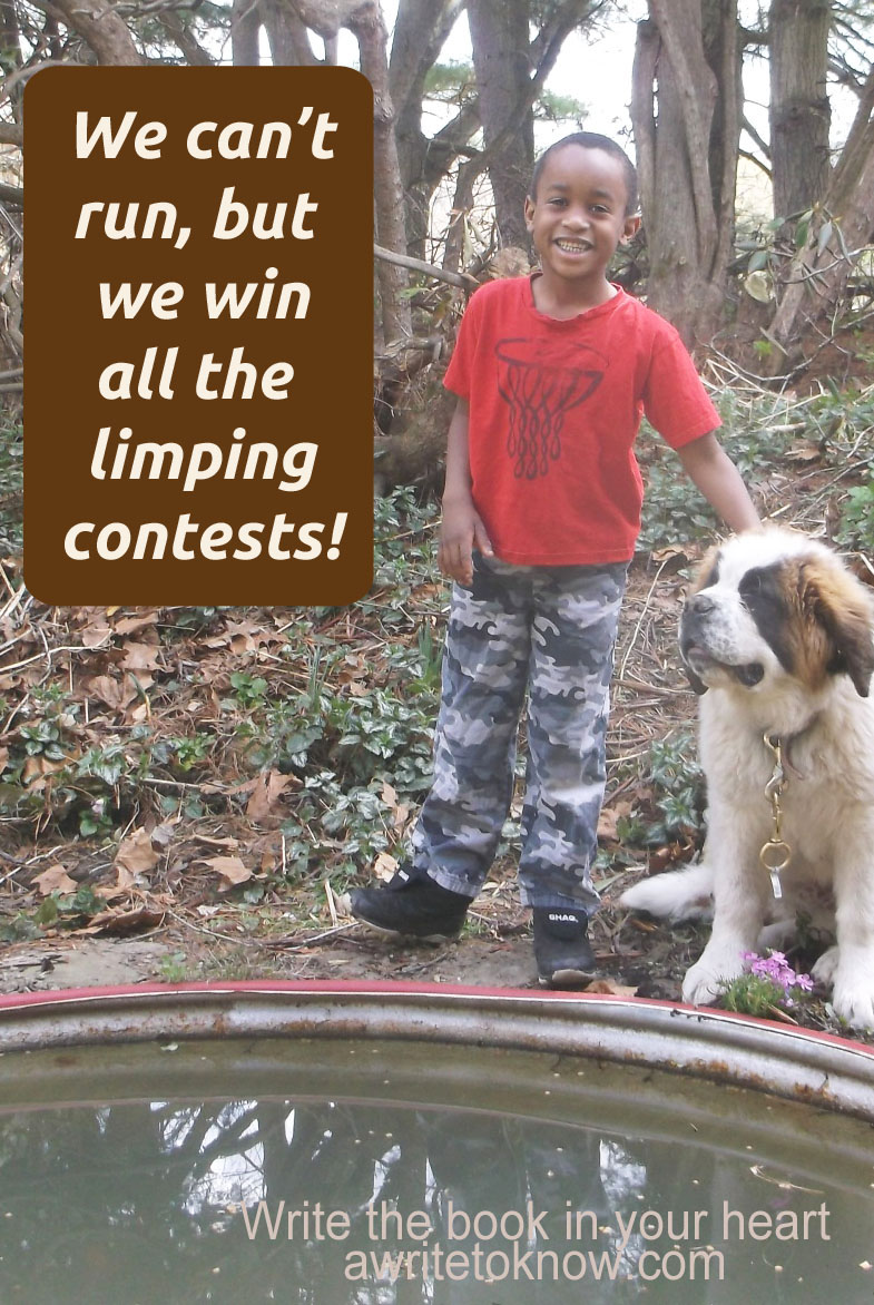 A boy and a dog standing by a pond with words that say “We can't run but we win every limping contest.