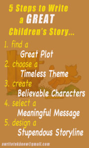 Vague image of cat and dog playing behind words that say, “5 Steps to Write a Great Children’s Story. One, Find a great plot. Two, Choose a timeless theme. 3, Create meaningful characters. Four, Select a meaningful message. Five, ”Design a stupendous storyline.”