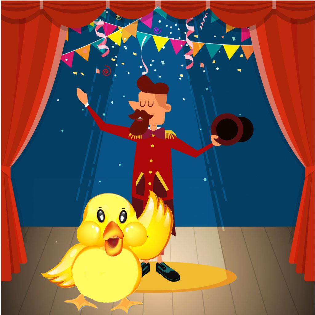 A picture of a fluffy yellow toy duck upstaging the flamboyant circus manager on stage.