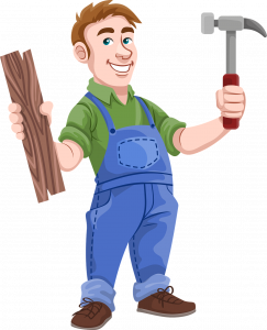 comicl carpenter with hammer and boards